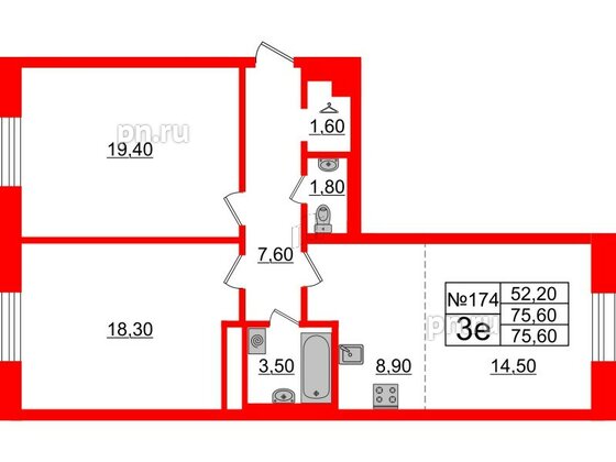 Квартира в ЖК Neva Haus, 2 комнатная, 75.7 м², 7 этаж