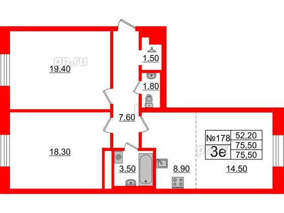 Квартира в ЖК Neva Haus, 2 комнатная, 75.5 м², 8 этаж