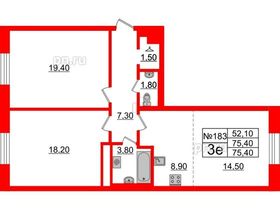 Квартира в ЖК Neva Haus, 2 комнатная, 74.9 м², 9 этаж