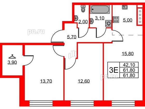 Квартира в ЖК Neva Haus, 2 комнатная, 61.4 м², 9 этаж