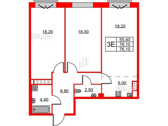 Квартира в ЖК Neva Haus, 2 комнатная, 76.2 м², 9 этаж