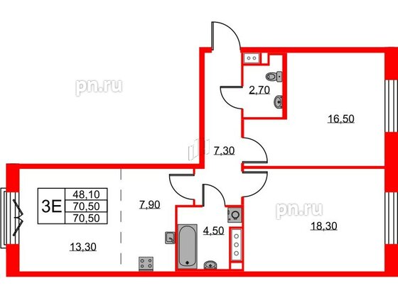 Квартира в ЖК Neva Haus, 2 комнатная, 70.4 м², 9 этаж