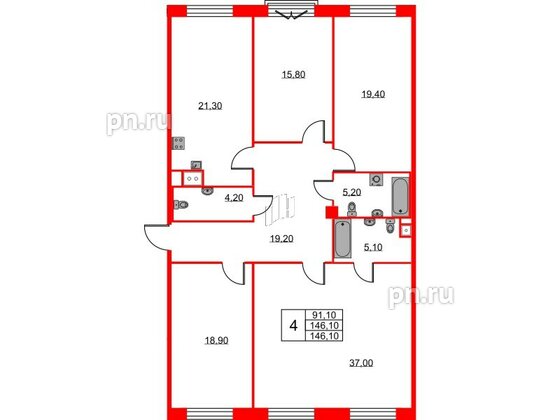 Квартира в ЖК Neva Haus, 4 комнатная, 147.2 м², 5 этаж