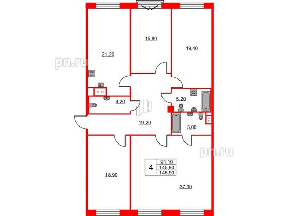 Квартира в ЖК Neva Haus, 4 комнатная, 147.2 м², 6 этаж