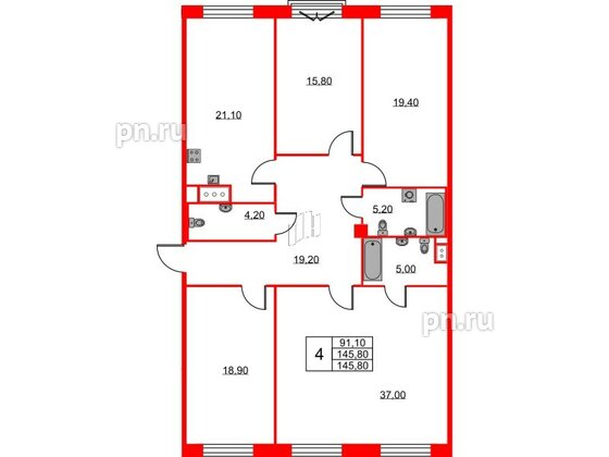 Квартира в ЖК Neva Haus, 4 комнатная, 146.8 м², 7 этаж