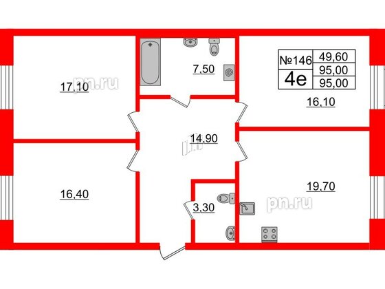 Квартира в ЖК Neva Haus, 3 комнатная, 95.1 м², 1 этаж