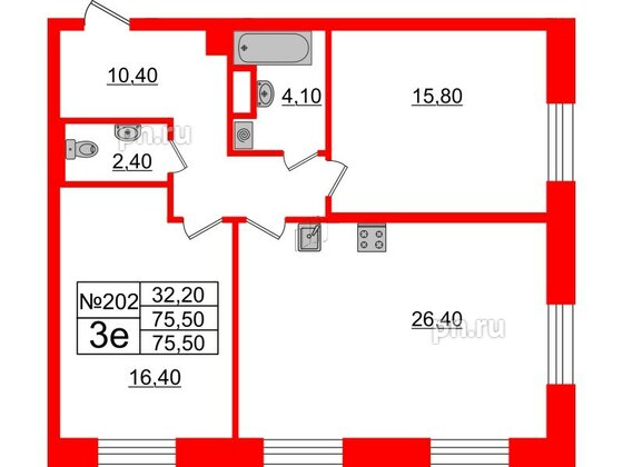 Квартира в ЖК Neva Haus, 2 комнатная, 75.4 м², 3 этаж