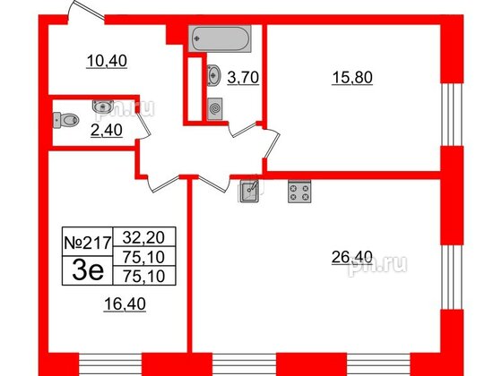 Квартира в ЖК Neva Haus, 2 комнатная, 75.1 м², 5 этаж