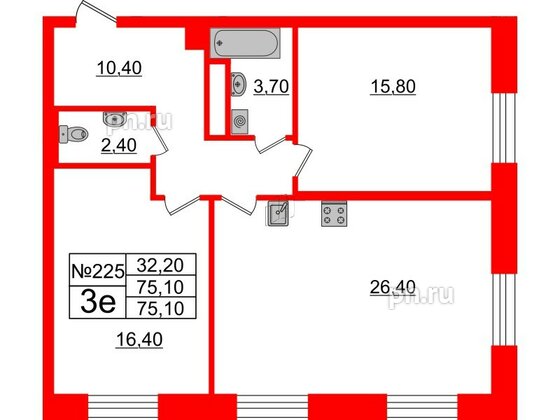 Квартира в ЖК Neva Haus, 2 комнатная, 75.1 м², 6 этаж