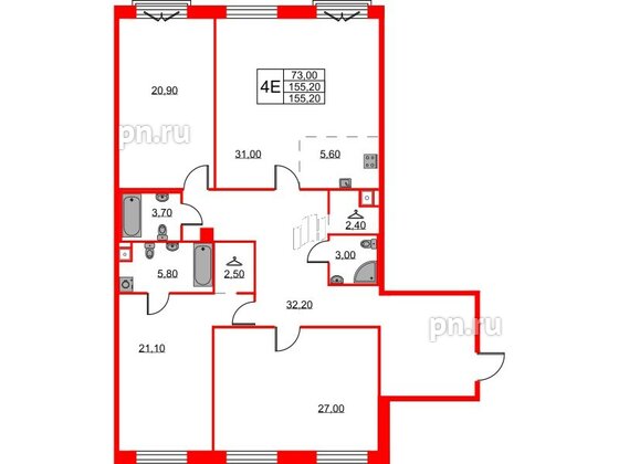 Квартира в ЖК Neva Haus, 3 комнатная, 155.9 м², 3 этаж