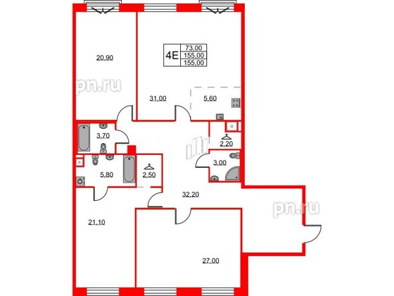 Квартира в ЖК Neva Haus, 3 комнатная, 155.6 м², 4 этаж