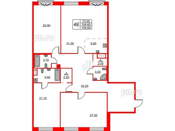 Квартира в ЖК Neva Haus, 3 комнатная, 155.6 м², 6 этаж