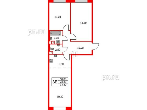 Квартира в ЖК Neva Haus, 2 комнатная, 73 м², 7 этаж