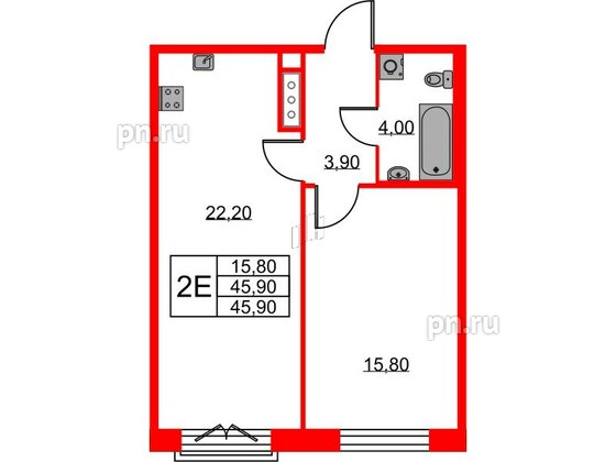 Квартира в ЖК Neva Haus, 1 комнатная, 46.1 м², 9 этаж