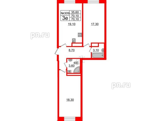 Квартира в ЖК Neva Haus, 2 комнатная, 68.7 м², 9 этаж