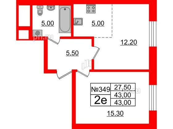 Квартира в ЖК Neva Haus, 1 комнатная, 43.2 м², 9 этаж