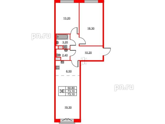 Квартира в ЖК Neva Haus, 2 комнатная, 73.1 м², 9 этаж