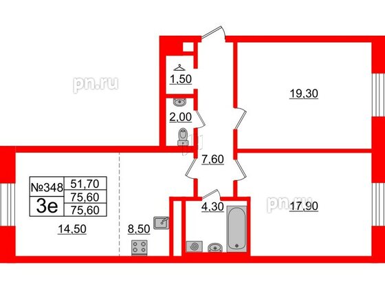 Квартира в ЖК Neva Haus, 2 комнатная, 75.6 м², 8 этаж