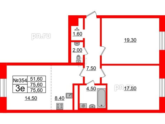 Квартира в ЖК Neva Haus, 2 комнатная, 75.1 м², 9 этаж