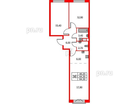 Квартира в ЖК Neva Haus, 2 комнатная, 64.3 м², 8 этаж