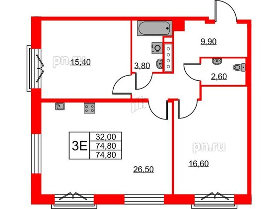 Квартира в ЖК Neva Haus, 2 комнатная, 74.6 м², 9 этаж