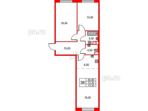 Квартира в ЖК Neva Haus, 2 комнатная, 73.5 м², 6 этаж