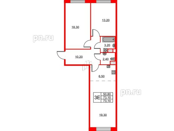 Квартира в ЖК Neva Haus, 2 комнатная, 73.1 м², 8 этаж