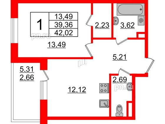 Квартира в ЖК Энфилд, 1 комнатная, 42.02 м², 2 этаж