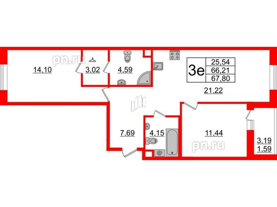 Квартира в ЖК Энфилд, 2 комнатная, 67.8 м², 2 этаж