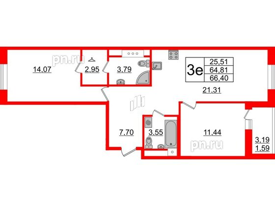 Квартира в ЖК Энфилд, 2 комнатная, 66.4 м², 3 этаж