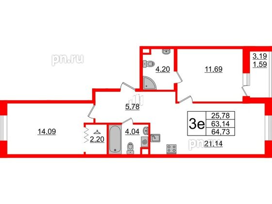 Квартира в ЖК Энфилд, 2 комнатная, 64.73 м², 2 этаж