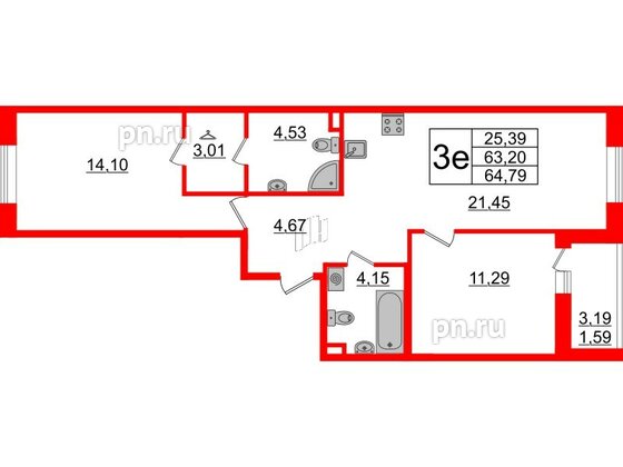 Квартира в ЖК Энфилд, 2 комнатная, 64.79 м², 2 этаж