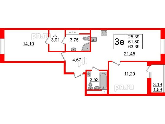 Квартира в ЖК Энфилд, 2 комнатная, 63.39 м², 3 этаж