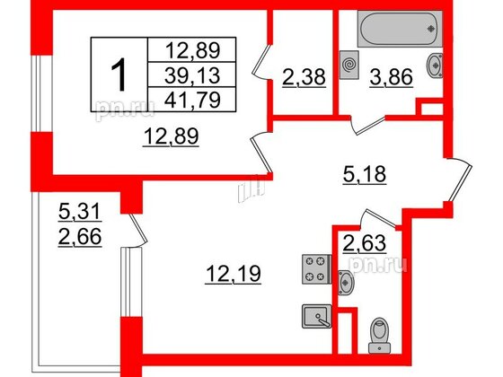 Квартира в ЖК Энфилд, 1 комнатная, 41.79 м², 2 этаж