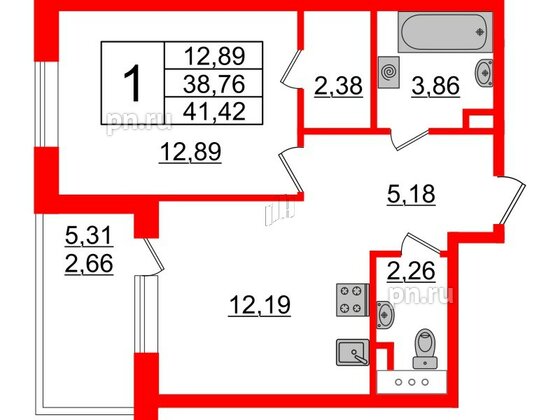 Квартира в ЖК Энфилд, 1 комнатная, 41.42 м², 3 этаж