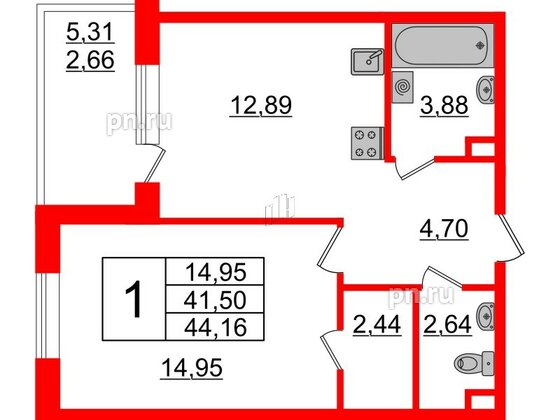 Квартира в ЖК Энфилд, 1 комнатная, 44.16 м², 2 этаж