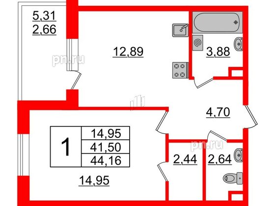 Квартира в ЖК Энфилд, 1 комнатная, 44.16 м², 6 этаж