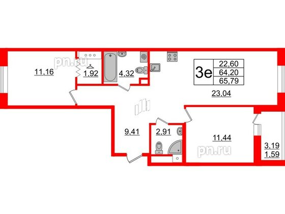 Квартира в ЖК Энфилд, 2 комнатная, 65.79 м², 3 этаж