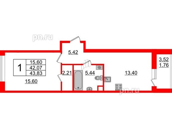 Квартира в ЖК Энфилд, 1 комнатная, 43.83 м², 2 этаж