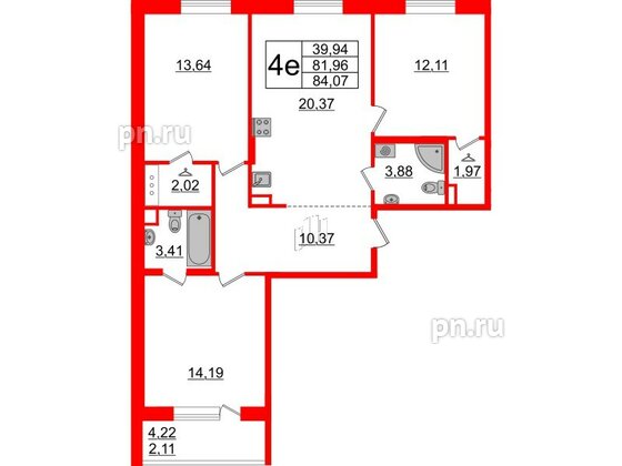 Квартира в ЖК Энфилд, 3 комнатная, 84.07 м², 3 этаж