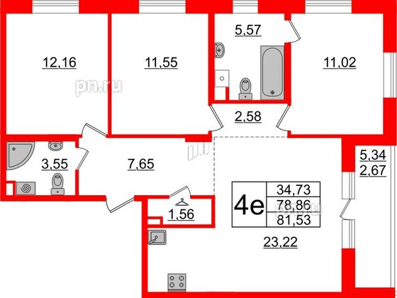 Квартира в ЖК Энфилд, 3 комнатная, 81.53 м², 10 этаж