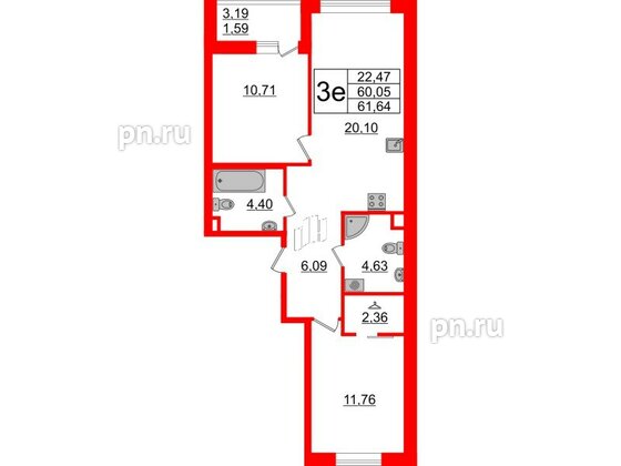 Квартира в ЖК Энфилд, 2 комнатная, 61.64 м², 2 этаж