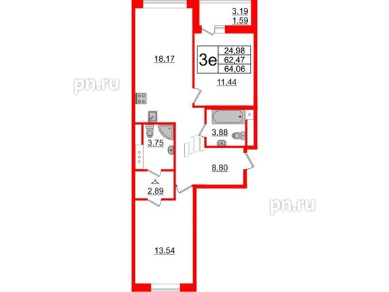 Квартира в ЖК Энфилд, 2 комнатная, 64.06 м², 3 этаж