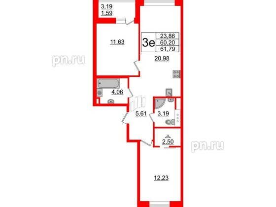 Квартира в ЖК Энфилд, 2 комнатная, 61.79 м², 11 этаж