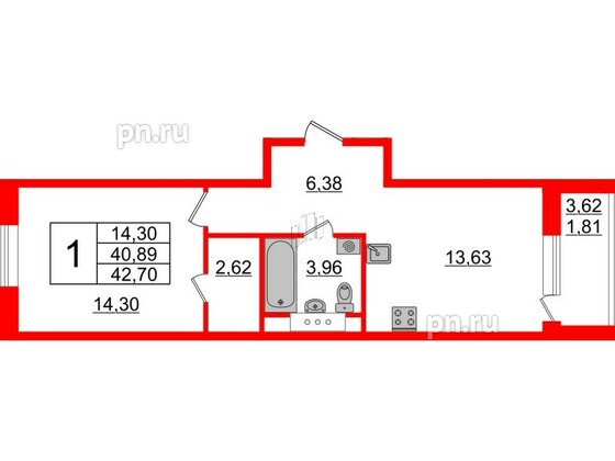 Квартира в ЖК Энфилд, 1 комнатная, 42.7 м², 3 этаж