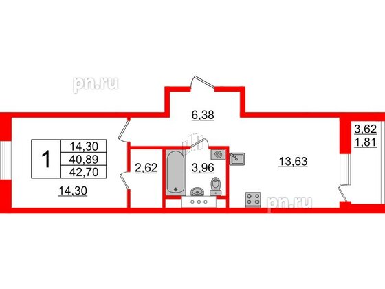 Квартира в ЖК Энфилд, 1 комнатная, 42.7 м², 5 этаж