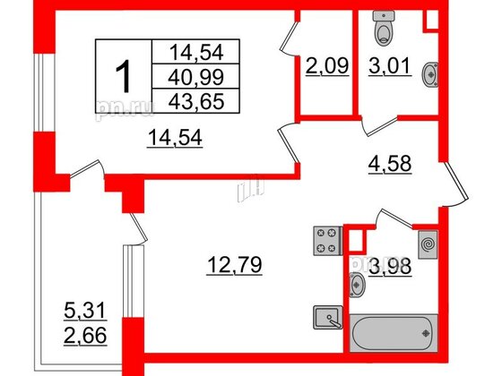 Квартира в ЖК Энфилд, 1 комнатная, 43.65 м², 2 этаж