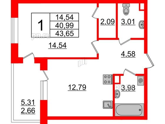 Квартира в ЖК Энфилд, 1 комнатная, 43.65 м², 5 этаж