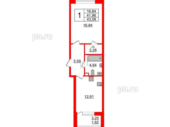 Квартира в ЖК Энфилд, 1 комнатная, 43.58 м², 2 этаж