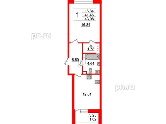 Квартира в ЖК Энфилд, 1 комнатная, 43.08 м², 5 этаж